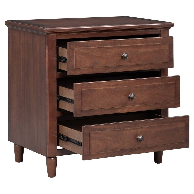 28'' Wide 3-Drawer Modern Nightstand with Metal Handles, Fully Assembled MDF Bedside Cabinet with Rubber Wood Legs for Bedroom
