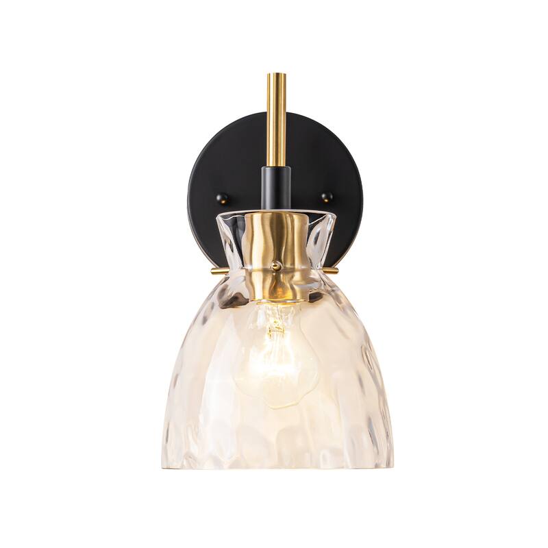 1-Light/3-Light Matte Black and Antique Brass Bathroom Vanity Light with Water-Rippled Glass Shade