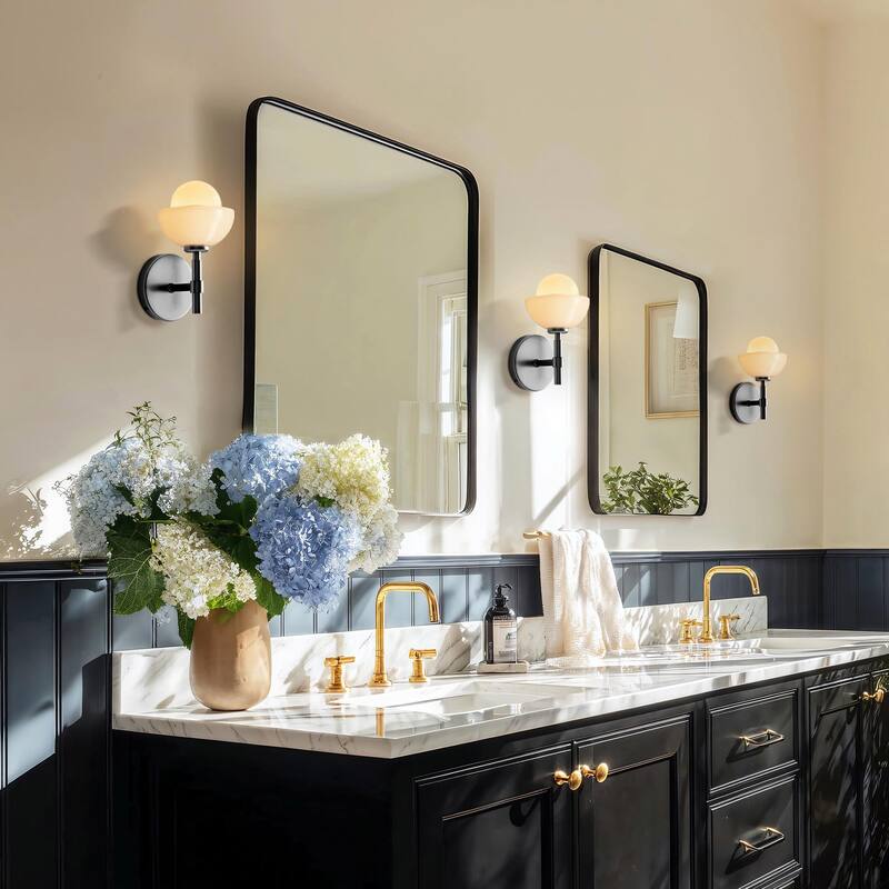 Ariel Armed Sconce - Metal, Glass & Gold, Ivory White 1-Light Wall Sconce for Bathroom or Hallway in Modern, Contemporary Style