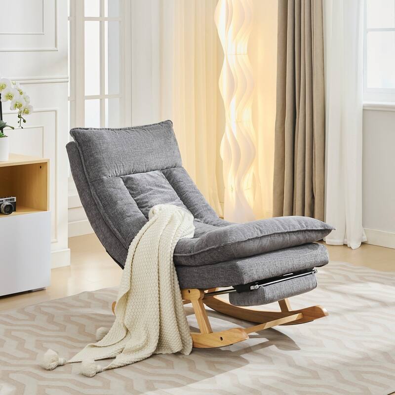 Fabric Upholstered Rocking Chair with Solid Wood Base and Hidden Footrest – Ergonomic Dual-Cushion Design