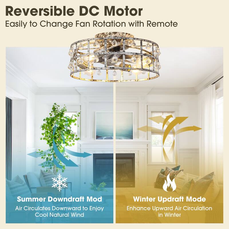 18-inch Distressed Silver Crystal Caged Low Profile Celing Fan Fandelier with Remote and APP Control