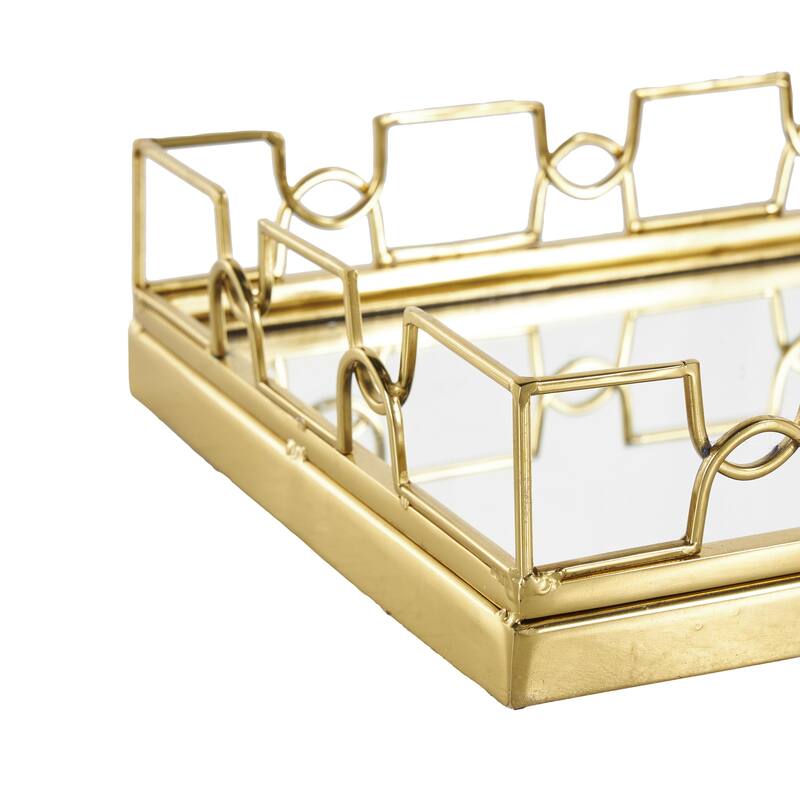 Gold Stainless Steel Metal Mirrored Geometric Living Room Decor Tray with Wire Rod Frame and Mirrored Glass Interior (Set of 2)