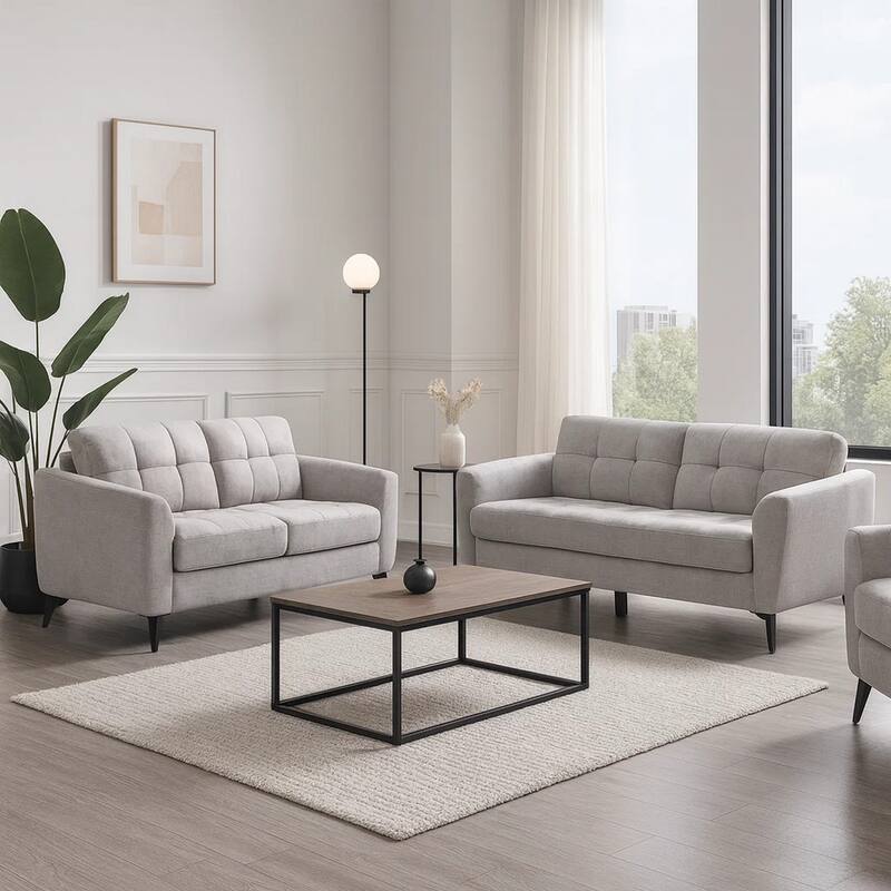Odin 2 Piece Sofa and Loveseat Set, Tufted Cushions, Light Gray Linen Upholstery