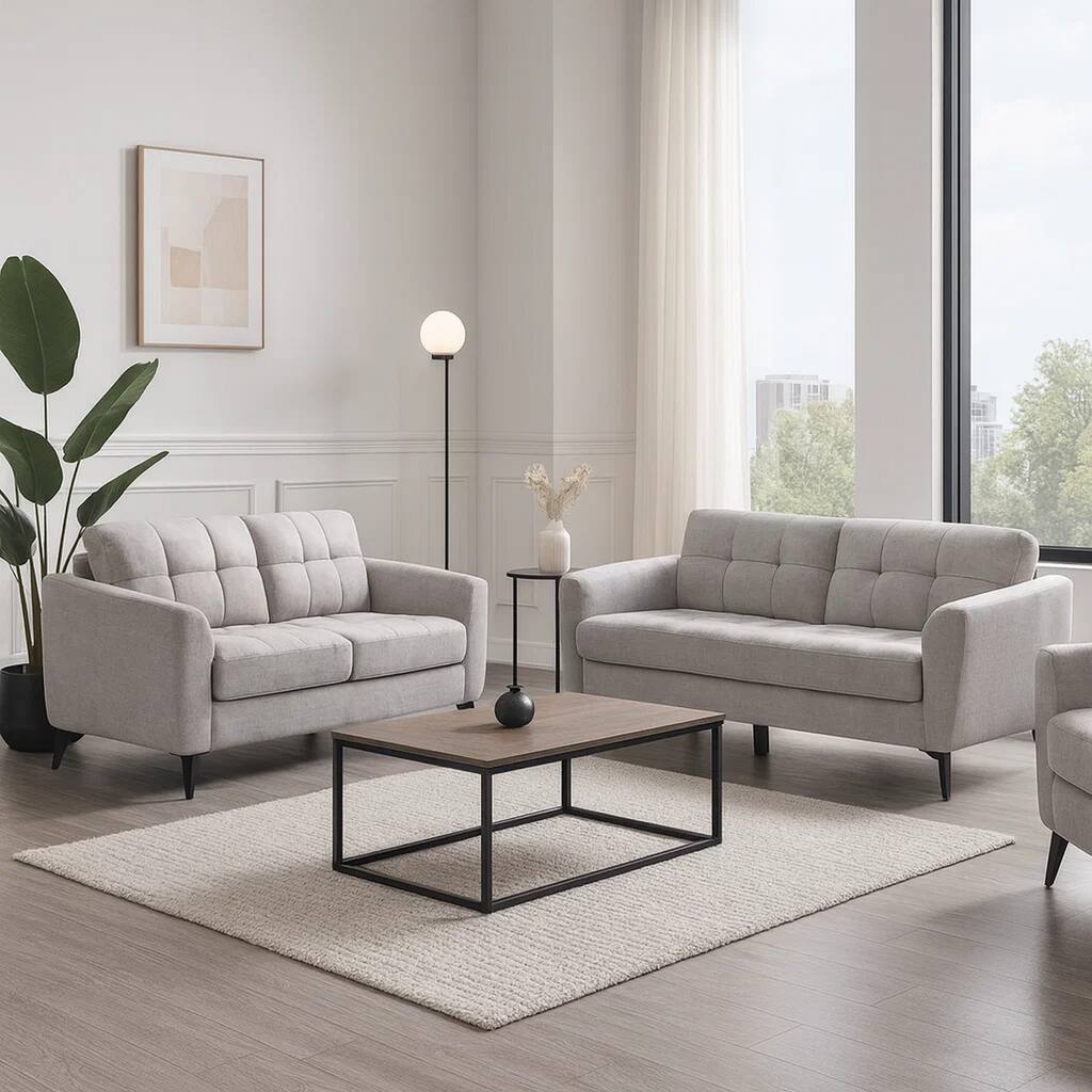 Odin 2 Piece Sofa and Loveseat Set, Tufted Cushions, Light Gray Linen Upholstery