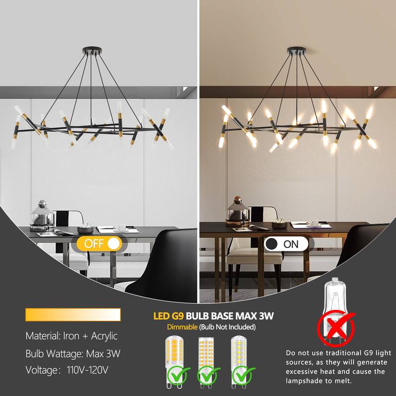 Modern Simple Chandelier with Frosted Tubes, Black Cords, for Dining Room, Living Room and Kitchen Island, Bulb Not Included