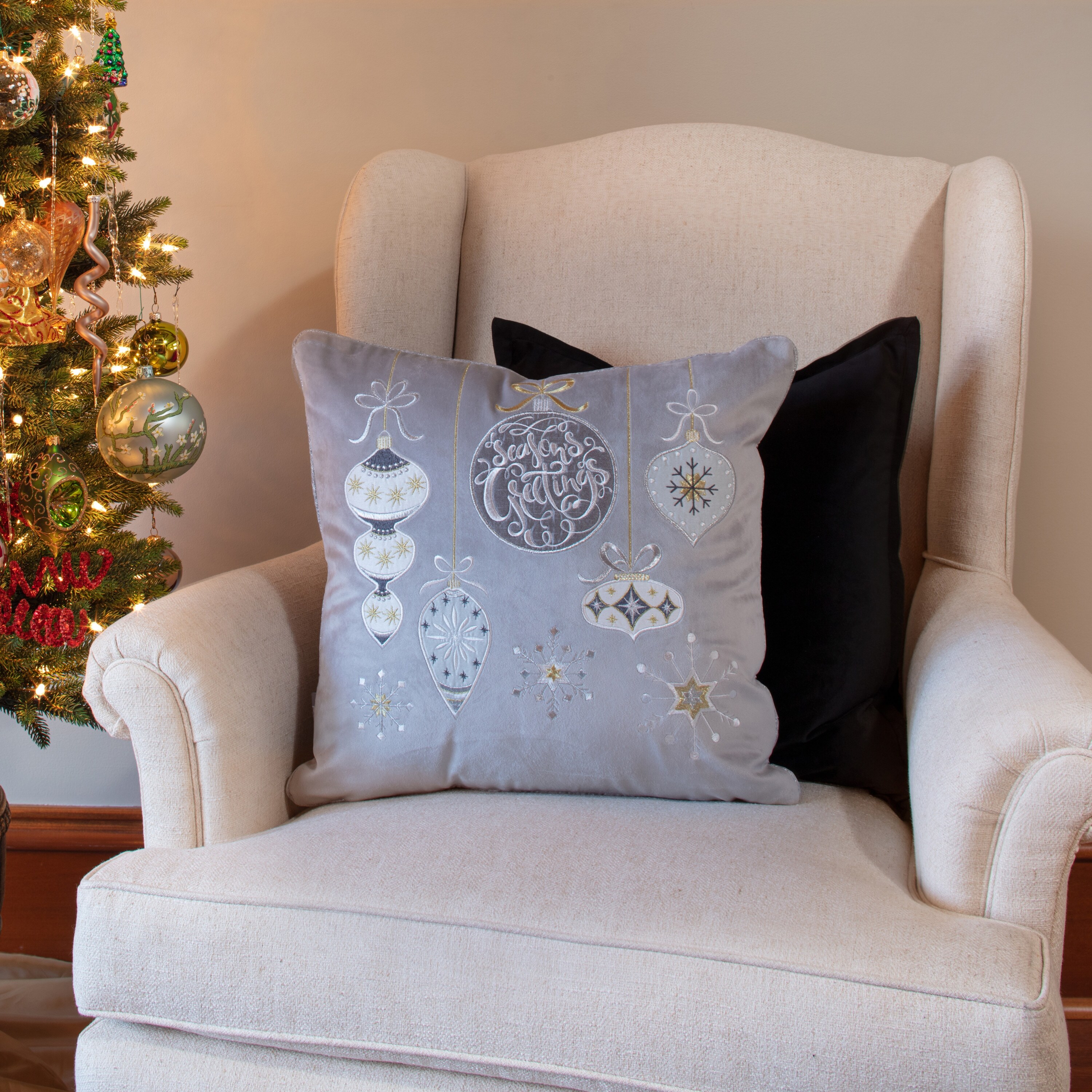 Pillow Perfect Indoor Christmas Velvet Ornaments Season s Greetings Gray 17 inch Throw Pillow Cover 17 X 17 X 0.2 Bed Bath Beyond 36620909