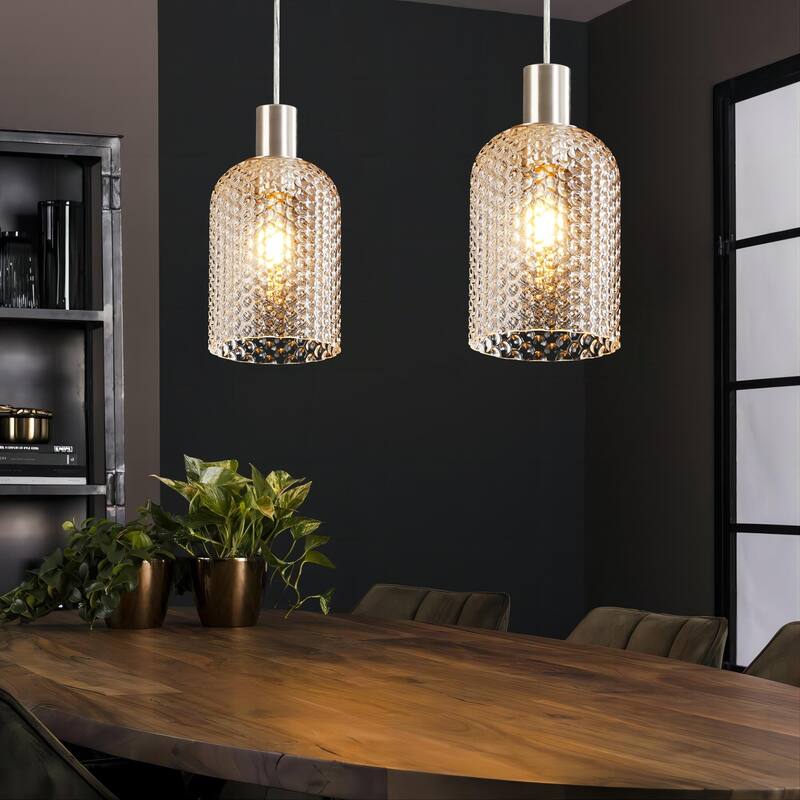 1/3-Light Modern Glam Bell-Shaped Adjustable Island Pendant Light with Clear/Blue/Amber Textured Glass