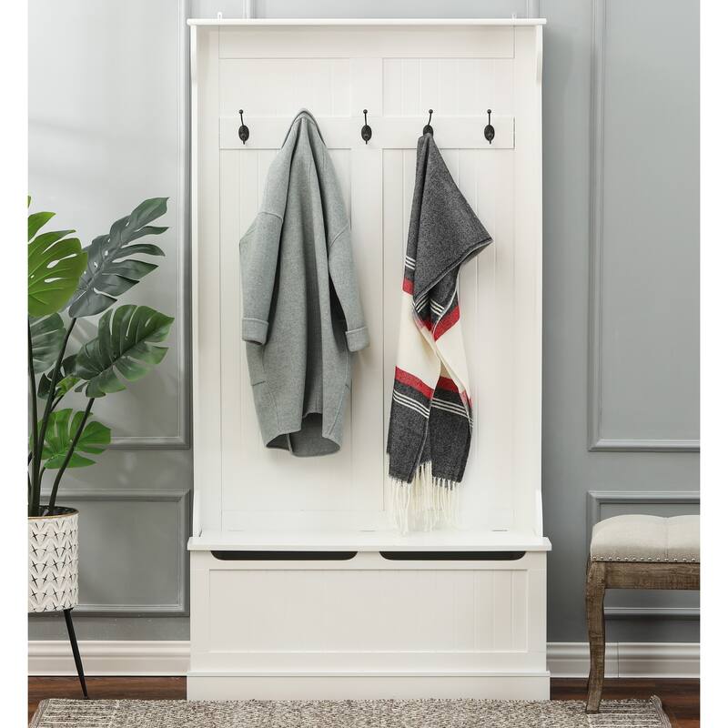 White MDF Wood Hall Tree with Storage Bench - 70.87" H x 37.8" W x 13.39" D