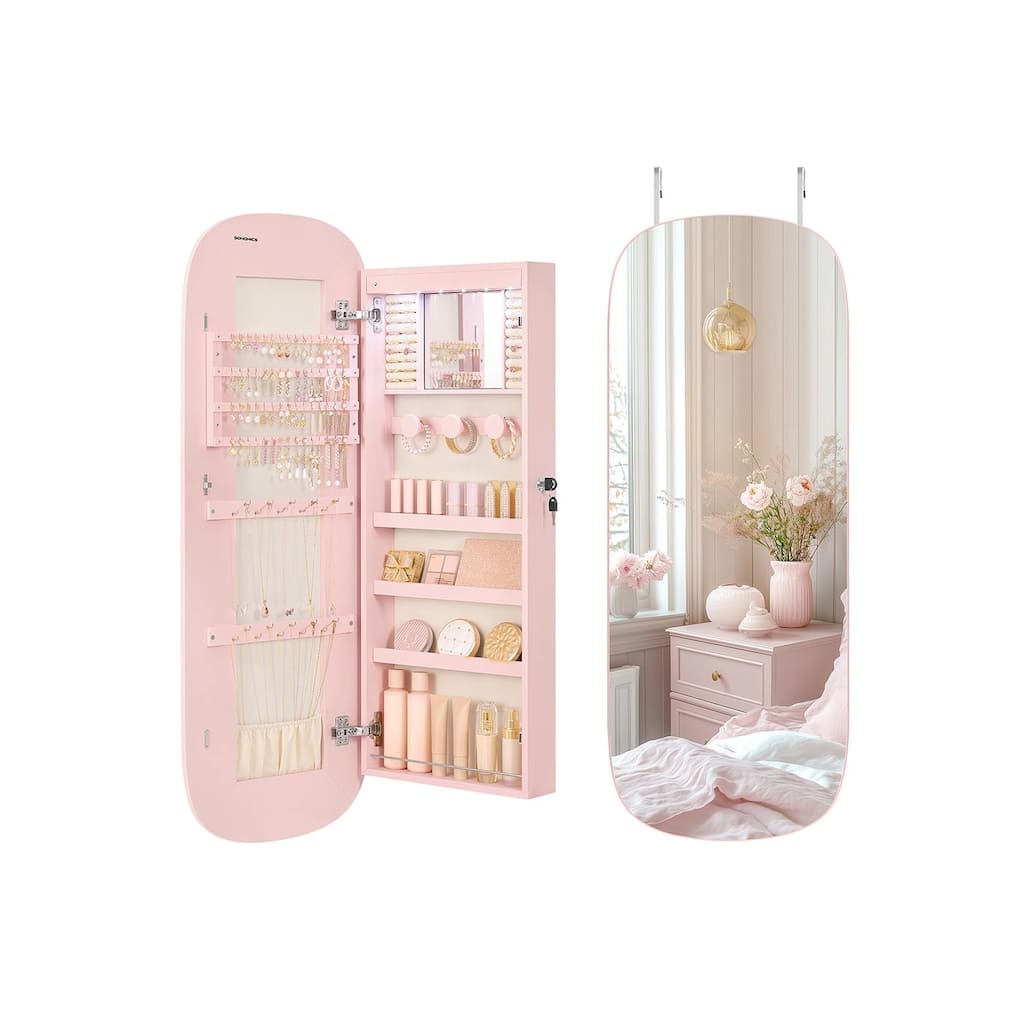 LED Jewelry Cabinet Wall/Door Mounted Jelly Pink Surface with Cream White Lining - Multi