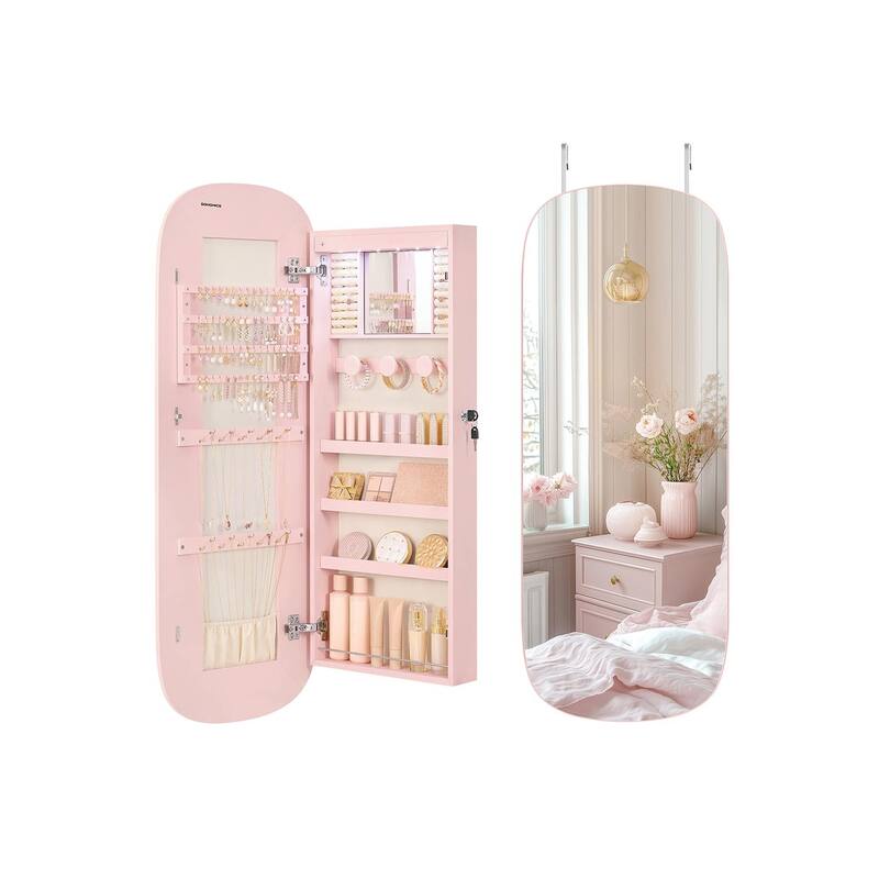LED Jewelry Cabinet Wall/Door Mounted Jelly Pink Surface with Cream White Lining - Multi