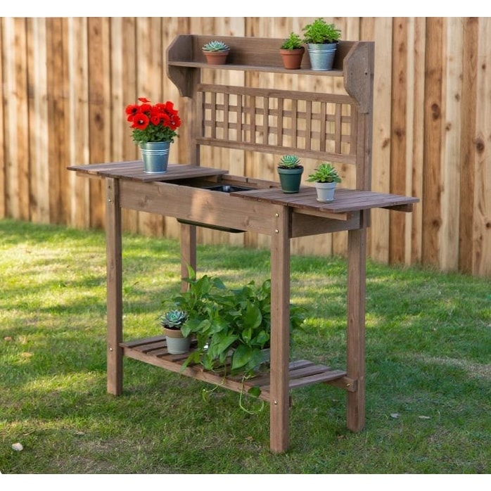 Outdoor Potting Bench Table With Storage Shelf And Dry Sink For Gardening Workstation