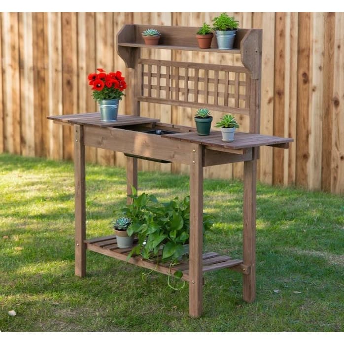 Wooden Plant Shelving, Potting Bench, Sliding Tabletop and Dry Sink