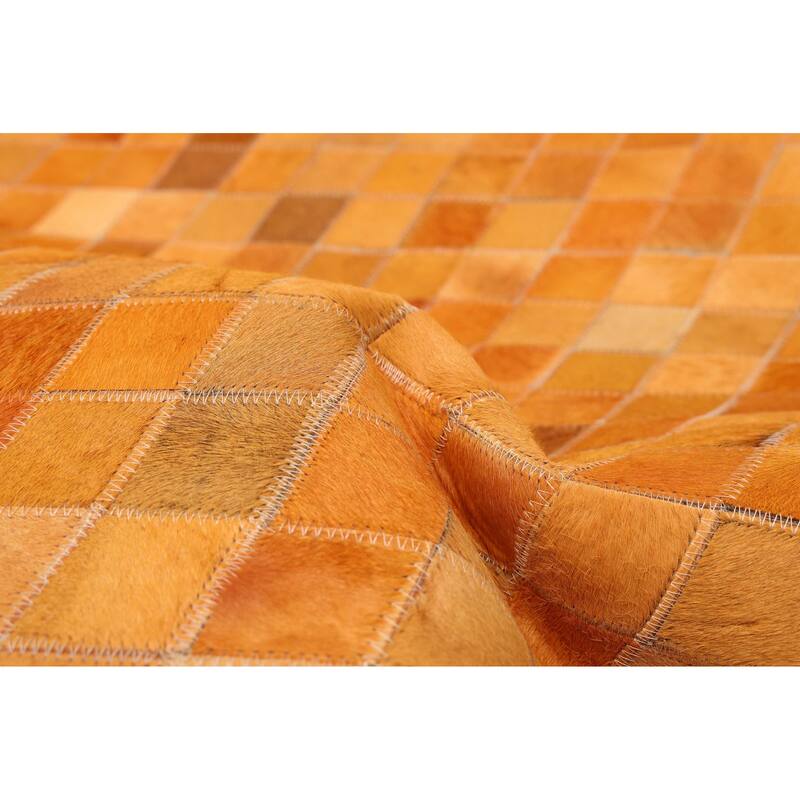 ECARPETGALLERY Handmade Cowhide Patchwork Orange Leather Rug - 7' x 7'