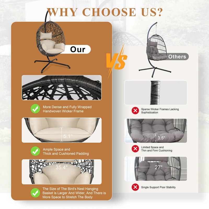 Oversized Egg Chair with Stand, 450 lbs Heavy-Duty Outdoor/Indoor Wicker Hanging Basket Chair