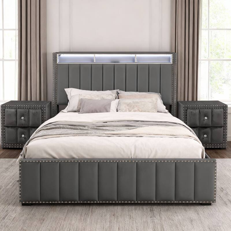 Contemporary Dark Gray Solid Wood Bed Frame with Open Compartments