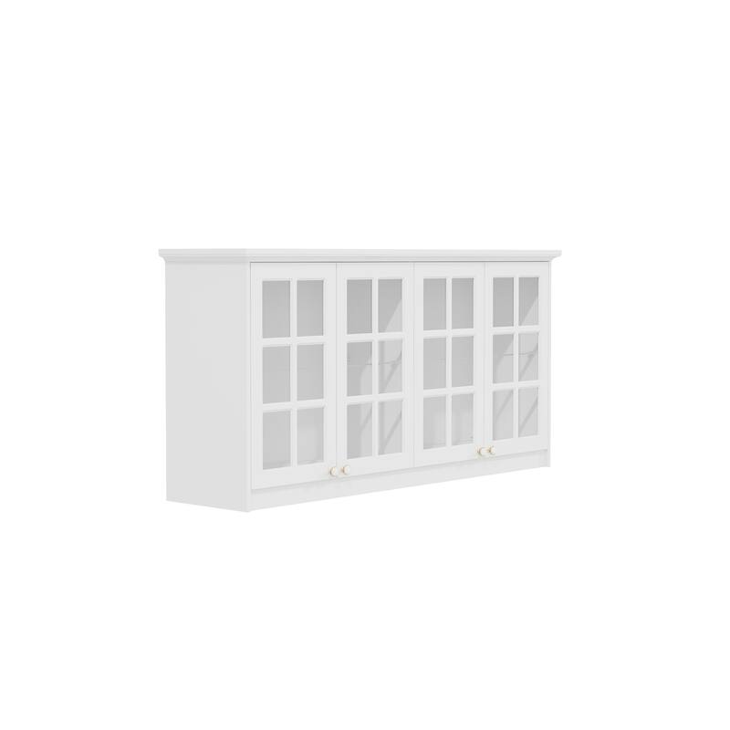 White Wall Cabinet with Glass Panel Doors, 4-Door Hanging Storage Unit for Kitchen, Coffee Bar, Laundry Bookshelves