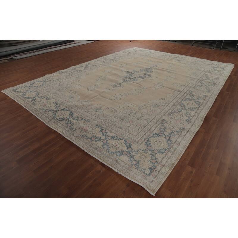 Hand Knotted Oriental 100% Wool Carpet Traditional Floral Beige & Ivories Kerman Area Rug - 14' 1'' X 10' 1''