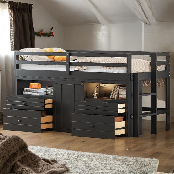 slide 2 of 45, Elegant design Twin Size Loft Bed with 4 Drawers, Underneath Cabinet and Shelves, Space-saving, Solid Construction, Espresso Espresso