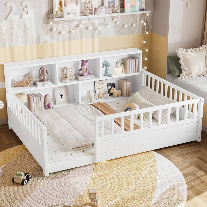 Wooden Floor Bed Frame with Fence Guardrail & Side Storage, Low Profile Kids Bed (Full/Twin)