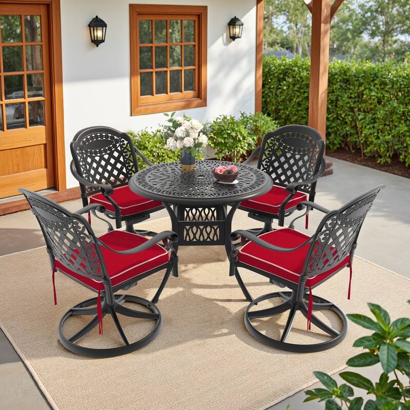 5-Piece Aluminum Round Outdoor Patio Dining Set, 4 Cushioned Swivel Chairs, Table, All-Weather Frames