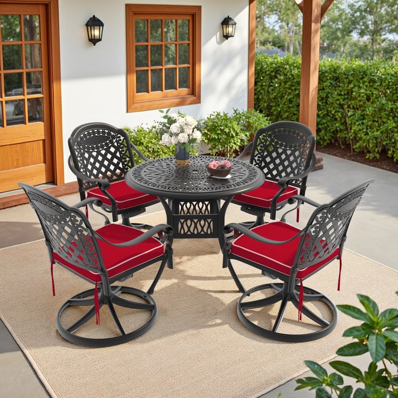 5-Piece Aluminum Round Outdoor Patio Dining Set, 4 Cushioned Swivel Chairs, Table, All-Weather Frames