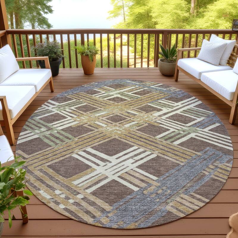 Machine Washable Indoor/ Outdoor Modern Trellis Chantille Rug - Chocolate - 8' x 8'