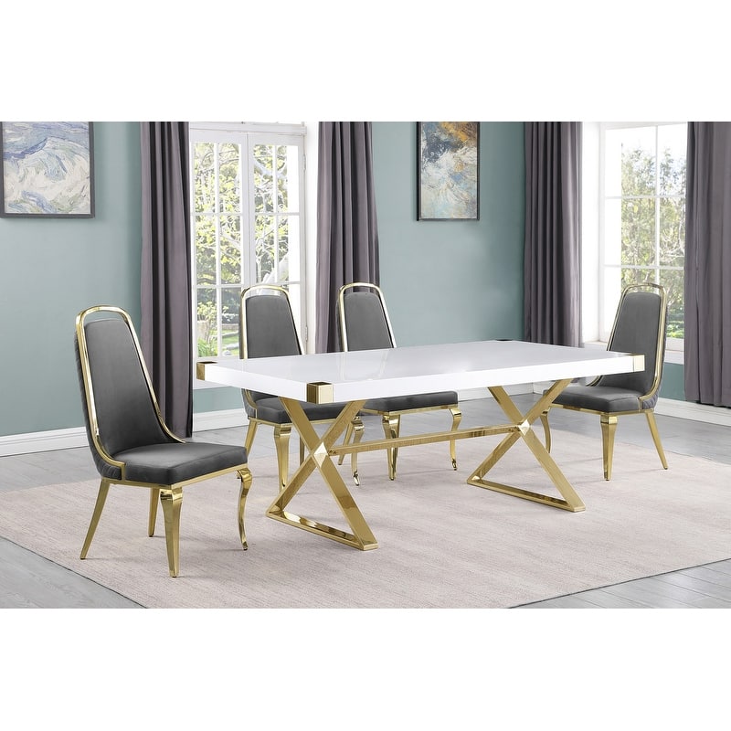 Best Quality Furniture D440/1-SC310-7 Dining Set with 78" White Lacquer Wood Top - 5-Piece - Dark Grey / Gold