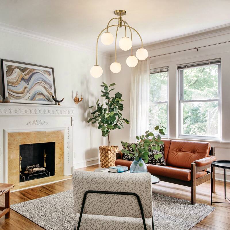 6-Light Brass Semi-Flush Mount Ceiling Light with Opal Glass Globe Shades - 27.2-in W x 32.3-in H