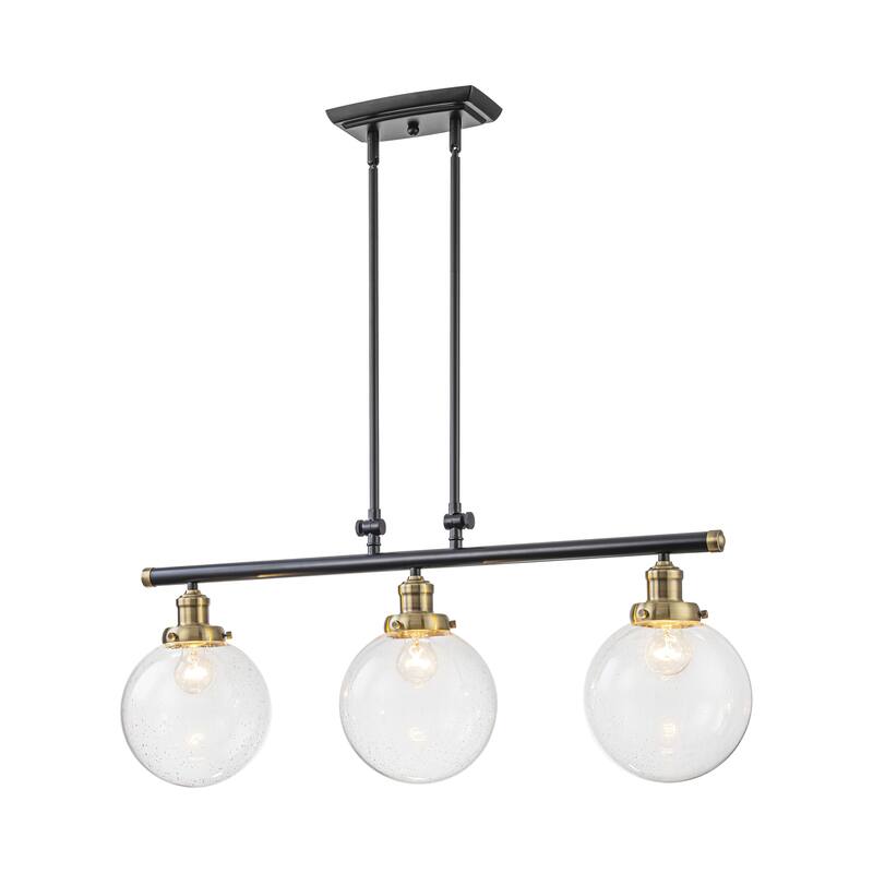 34.5" W 3-Light Industrial Black and Gold Linear Adjustable Island Pendan Light with Clear Seeded Glass Globe for Dining Room