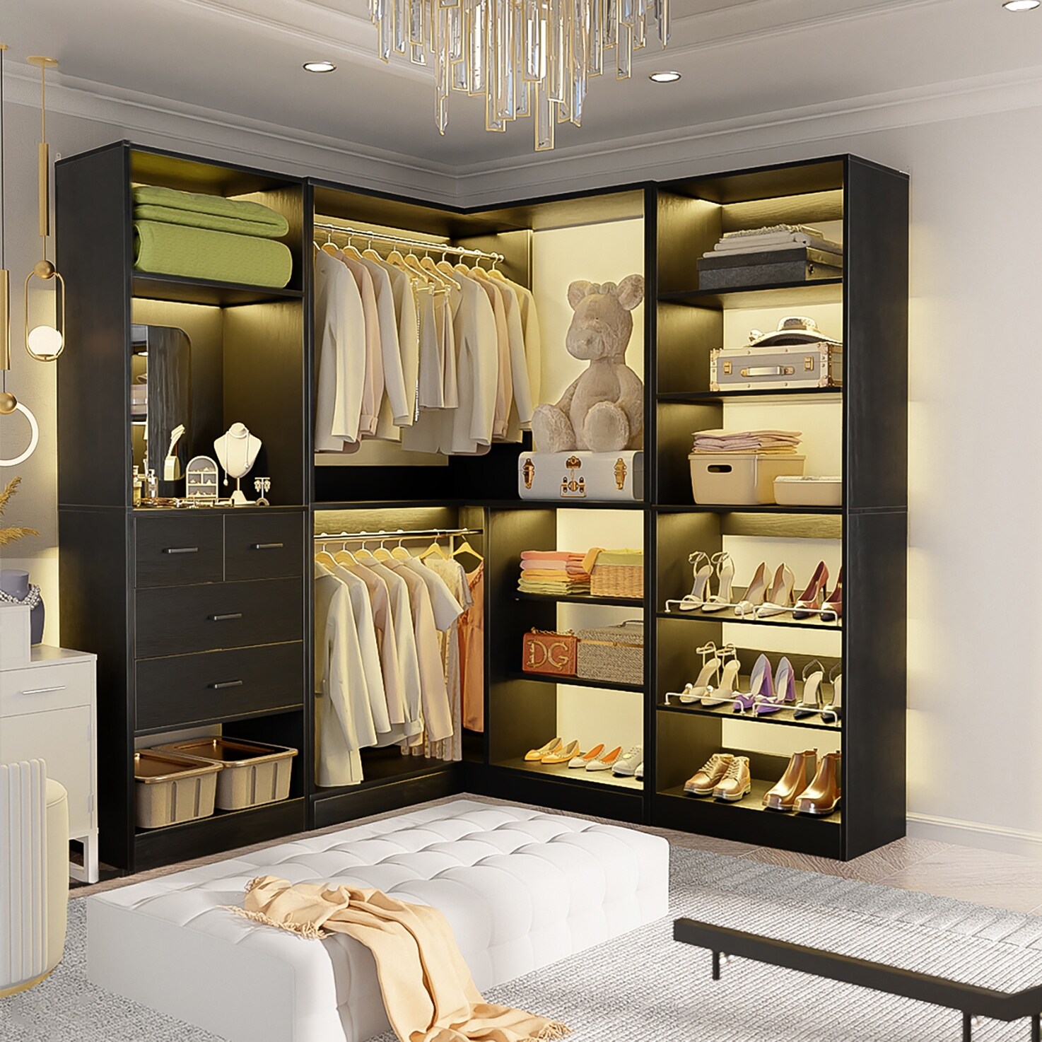 Cimly Set of 3 Corner Closet System with Drawers and Mirror, Multi