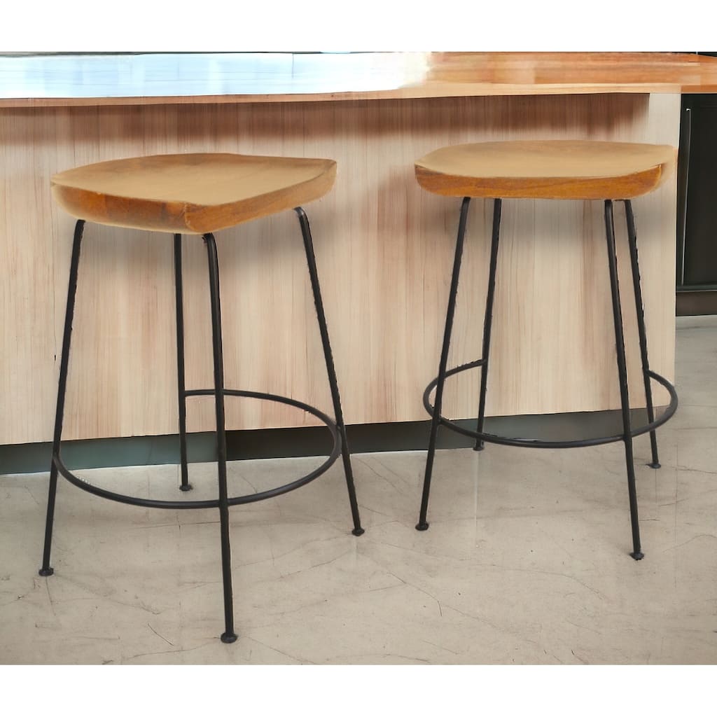 HomeRoots Set of Two 25" Natural And Black Steel Backless Counter Height Bar Chairs