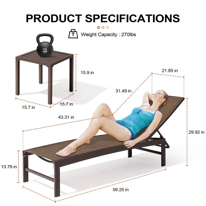 Outdoor Aluminum Chaise Lounge Chairs and Side Table, Sun Lounger with Adjustable Backrest
