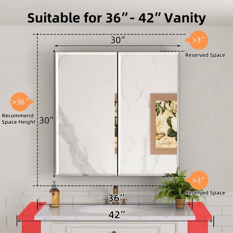 Belle Medicine Cabinet with Mirror, Adjustable Shelves, Recessed or Wall Mount