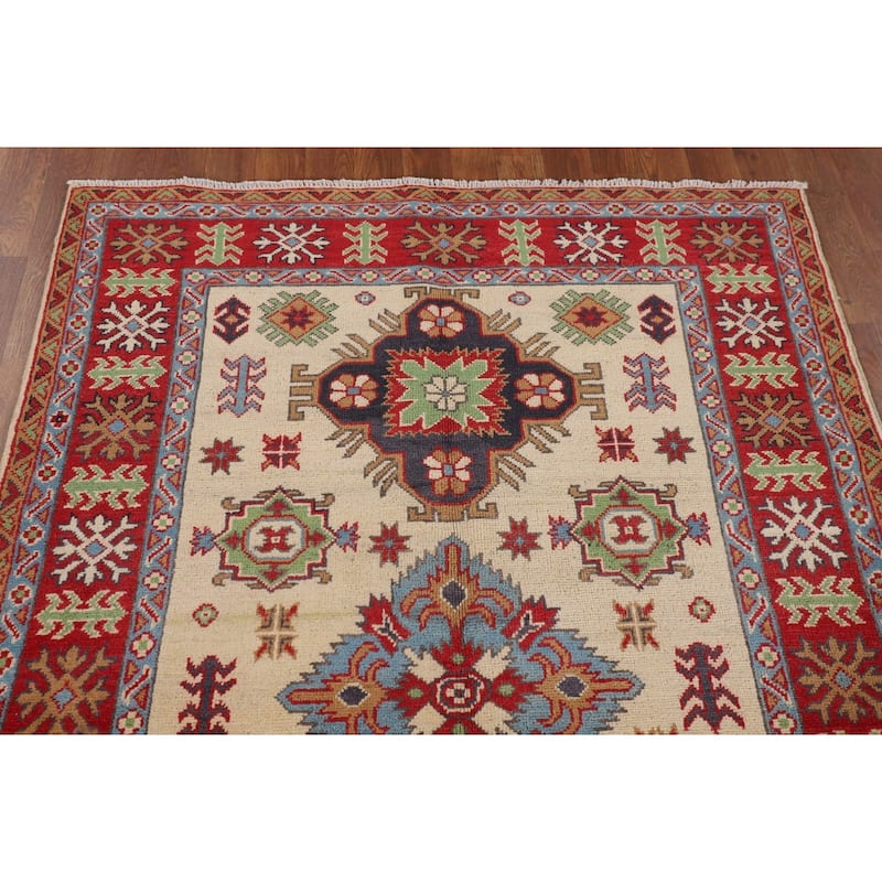 Traditional Kazak Area Rug Handmade Beige Geometric Wool Carpet - 3'11" x 5'11"