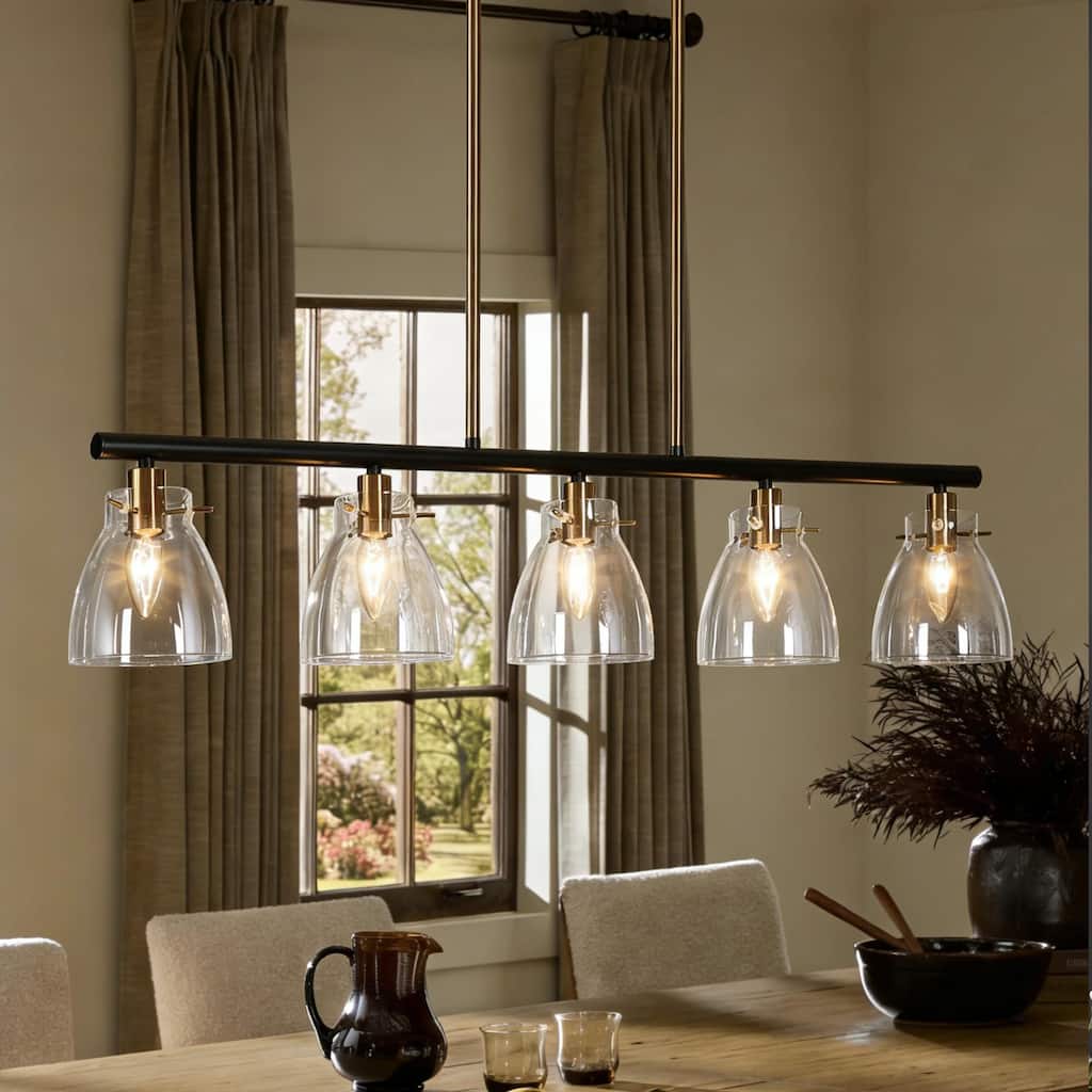 Modern Farmhouse 5-Light Black Gold Chandelier Linear Island Pendant Light for Dining Room - 38"L x 5"W x 7.5"H