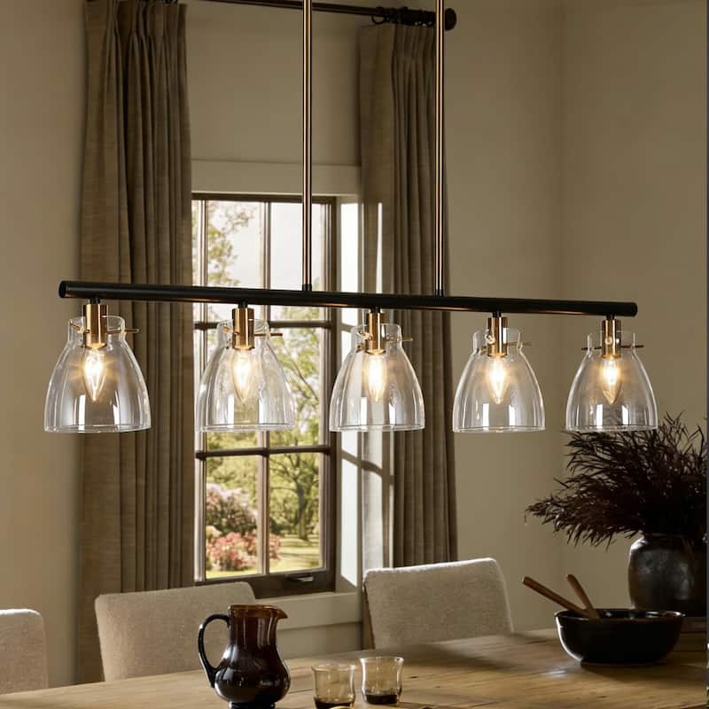 Modern Farmhouse 5-Light Black Gold Chandelier Linear Island Pendant Light for Dining Room - 38"L x 5"W x 7.5"H