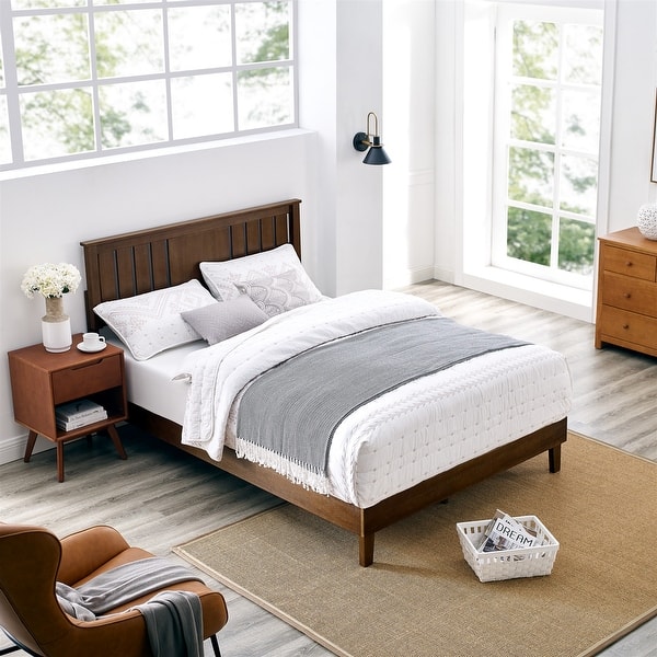 slide 2 of 8, MUSEHOMEINC Mid-Century Modern Solid Wooden Platform Bed with Adjustable Height Headboard for Bedroom,Wood Slat Support