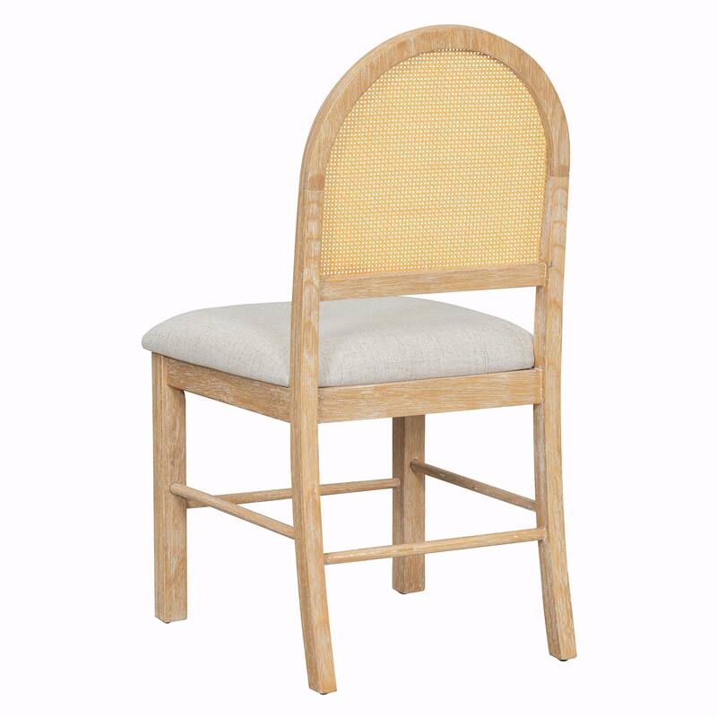 7-Piece Farmhouse Dining Table Set for 6 - 59.8" Rectangular Table with Distressed Oak Veneer & 6 Rattan Chairs