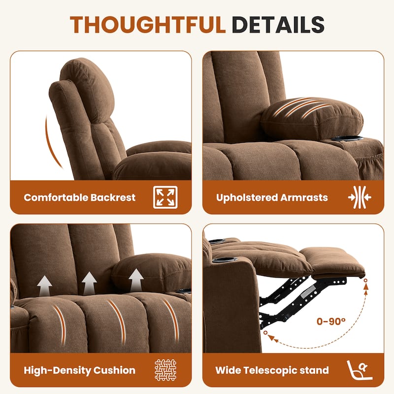 Swivel Rocker Recliner Chair with Vibration Massage & Heat, USB Port & Cup Holders for Living Room