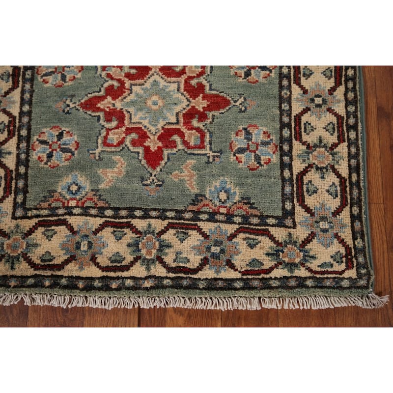 Green Geometric Kazak Oriental Runner Rug Handmade Wool Carpet - 2'2" x 5'11"
