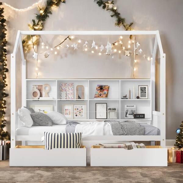 slide 2 of 11, Twin Size House Bed with Trundle and Shelf White