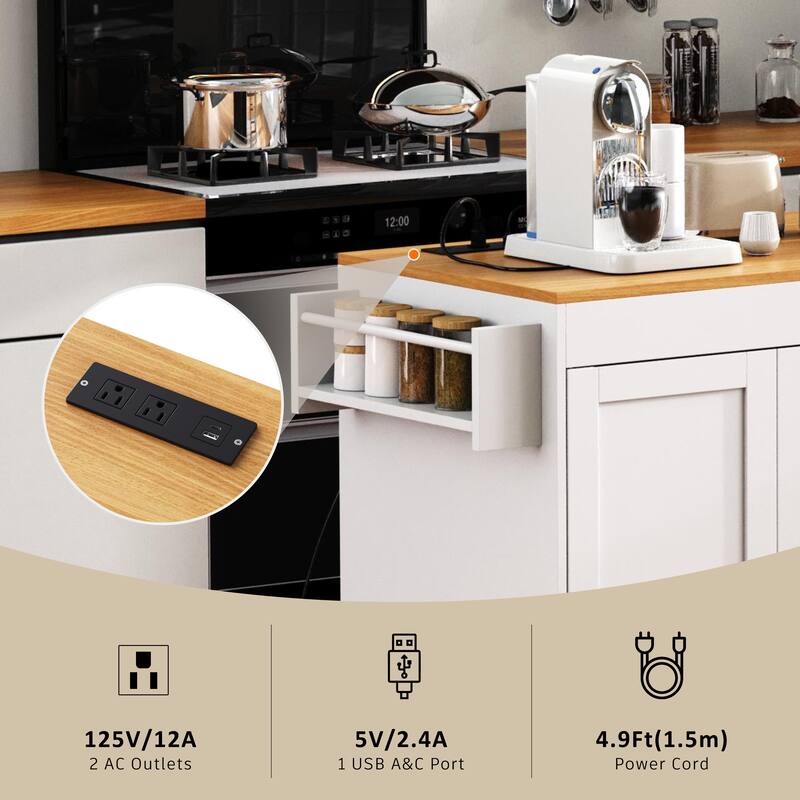 Roomfitters 74.8" Rolling Kitchen Island with Extendable Dining Table, Mobile Cart with Power Outlet, 3 Drawers & Racks