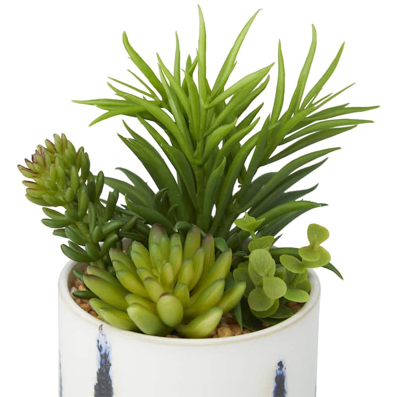 Green Faux Foliage Succulents Artificial Plant with Realistic Leaves and Patterned Porcelain Pot (Set of 4 or 2)