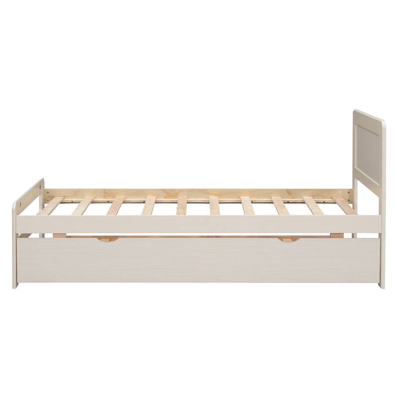 White Wood Twin Size Platform Bed Frame with Trundle, Rubberwood & Plywood Construction, Modern Design, Space-saving