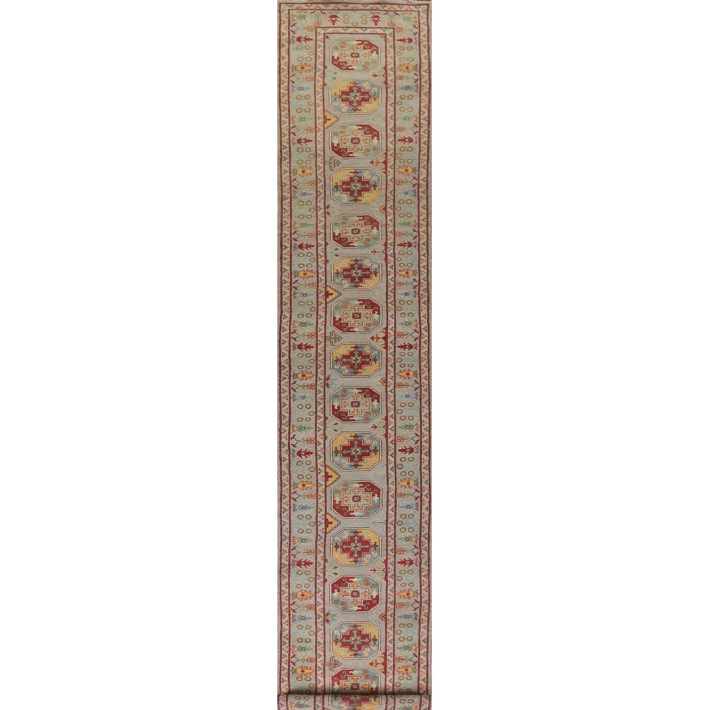 Hand Knotted Oriental 100% Wool Carpet Traditional Geometric Multi-Colored Kazak Runner Rug - 19' 10'' X 2' 6''