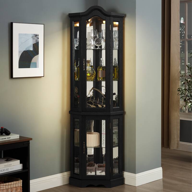 Lighted Corner Curio Cabinet, Freestanding Glass Display Cabinet, Wooden China Cabinet with Tempered Glass Doors & Shelves