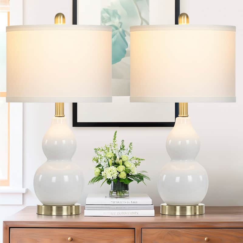 White Ceramic Table Lamps Gourd Lamp Body Drum Shade (Set of 2) - 11'' x 11'' x 22'' (L x W x H)