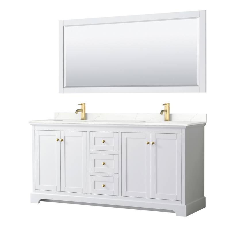 Avery 72-inch Double Vanity, Quartz Top, 70-inch Mirror - White, Gold Trim, Giotto Quartz Top