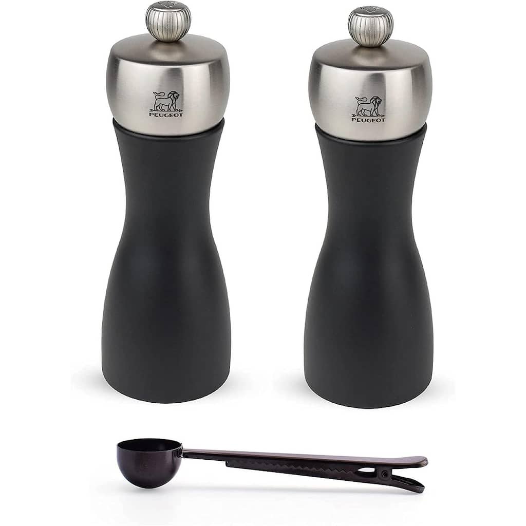Peugeot Fidji 6 Inch Salt & Pepper Mill, Black Matte - With Stainless Steel Spice Scoop & Clip (Salt & Pepper Mill Set)