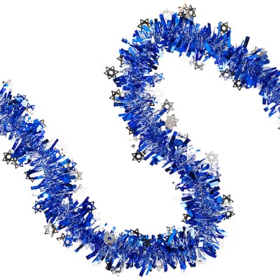 Star of David Hanukkah Tinsel Garland - 50' x 3.5" - Blue & Silver - Unlit